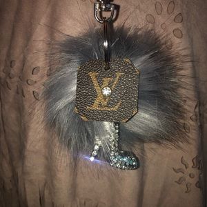 Fur pom pom keychain, bling high heel shoe